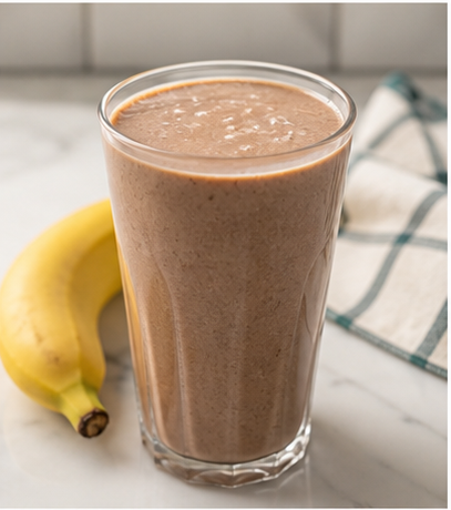 Chocolate smoothie in a glass with banana
