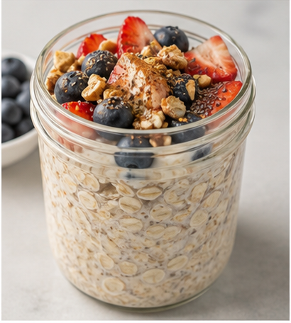 Overnight oats jar with berries, granola, and seeds