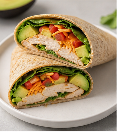 Whole-grain wrap with chicken, greens, peppers, and avocado